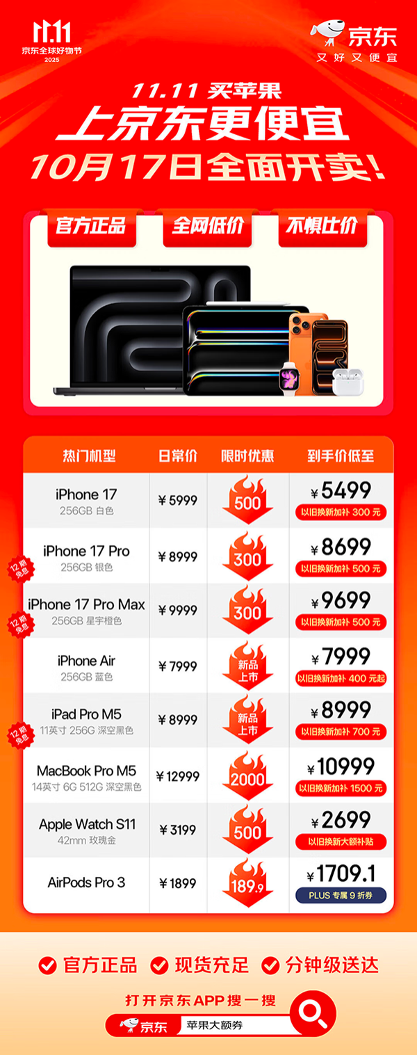 财盈策略 不用等到20号了！现在来京东11.11 iPhone 17 Pro系列可领300元惊喜券